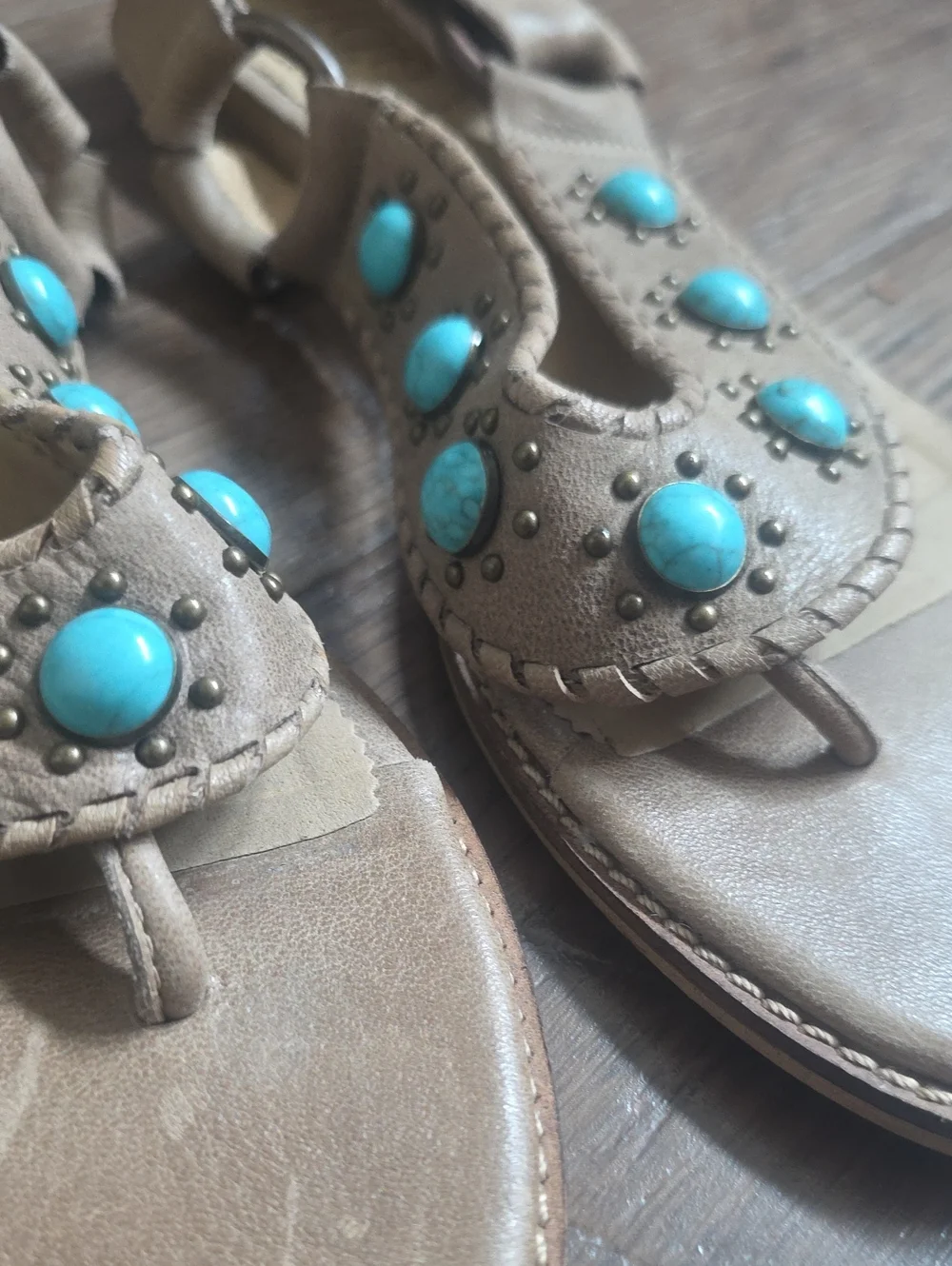 Latigo Tan Leather T-Strap Sandals with Turquoise Accents